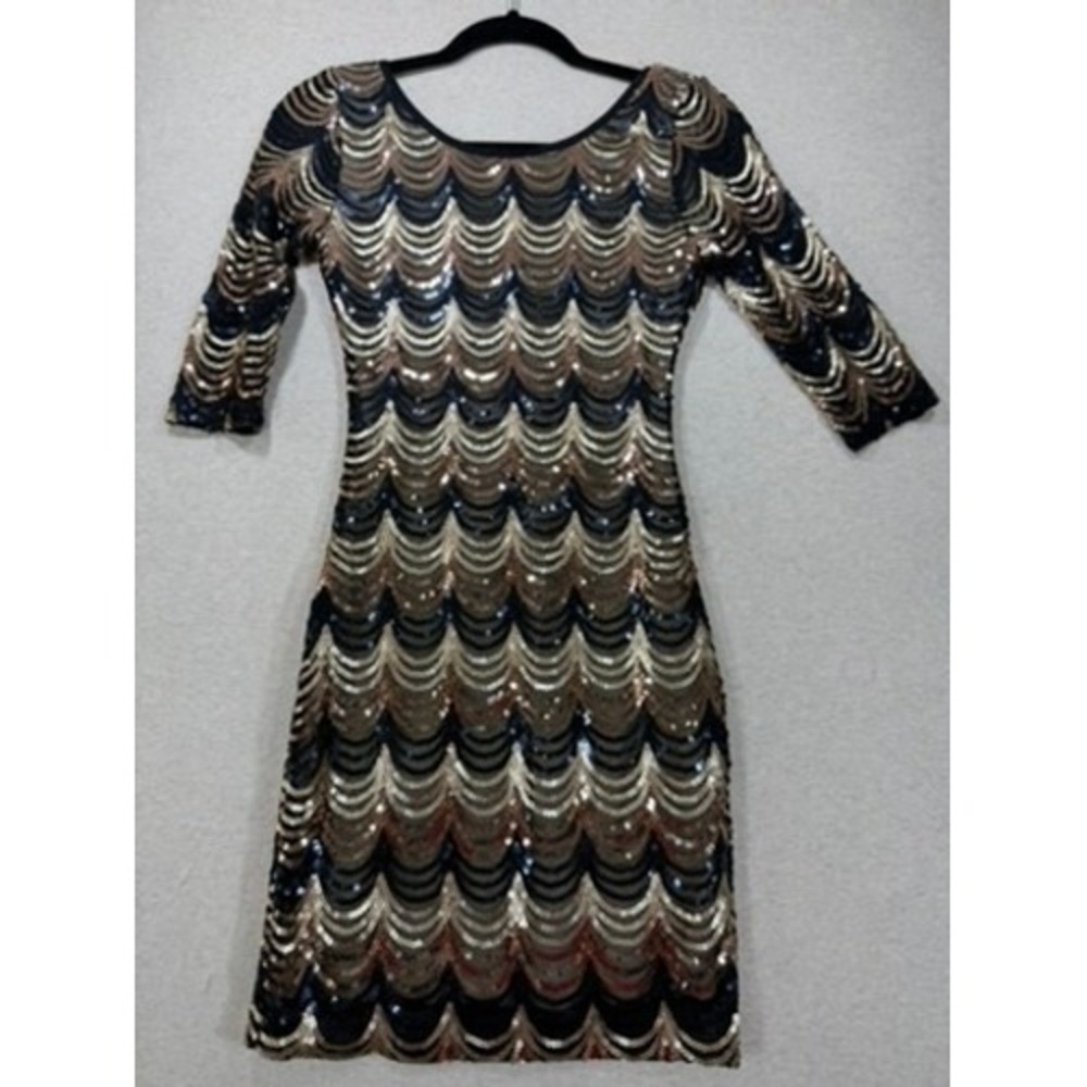Windsor Sequin Bodycon Dress Womens S Gold Navy Excellent Art Deco Mini